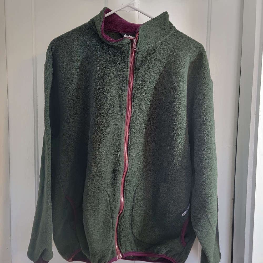 Vintage Chuck Roast Women’s Olive Green Fleece Jacket with Plum Trim Size Med.